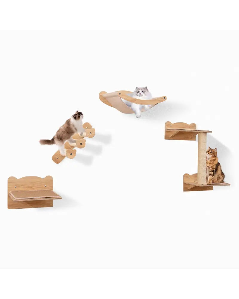 Cat Wall Furniture Set of 4 with Hammock 2-step Cat Tree and Perch-Natural - Natural - Cat Trees Condos & Scratchers
