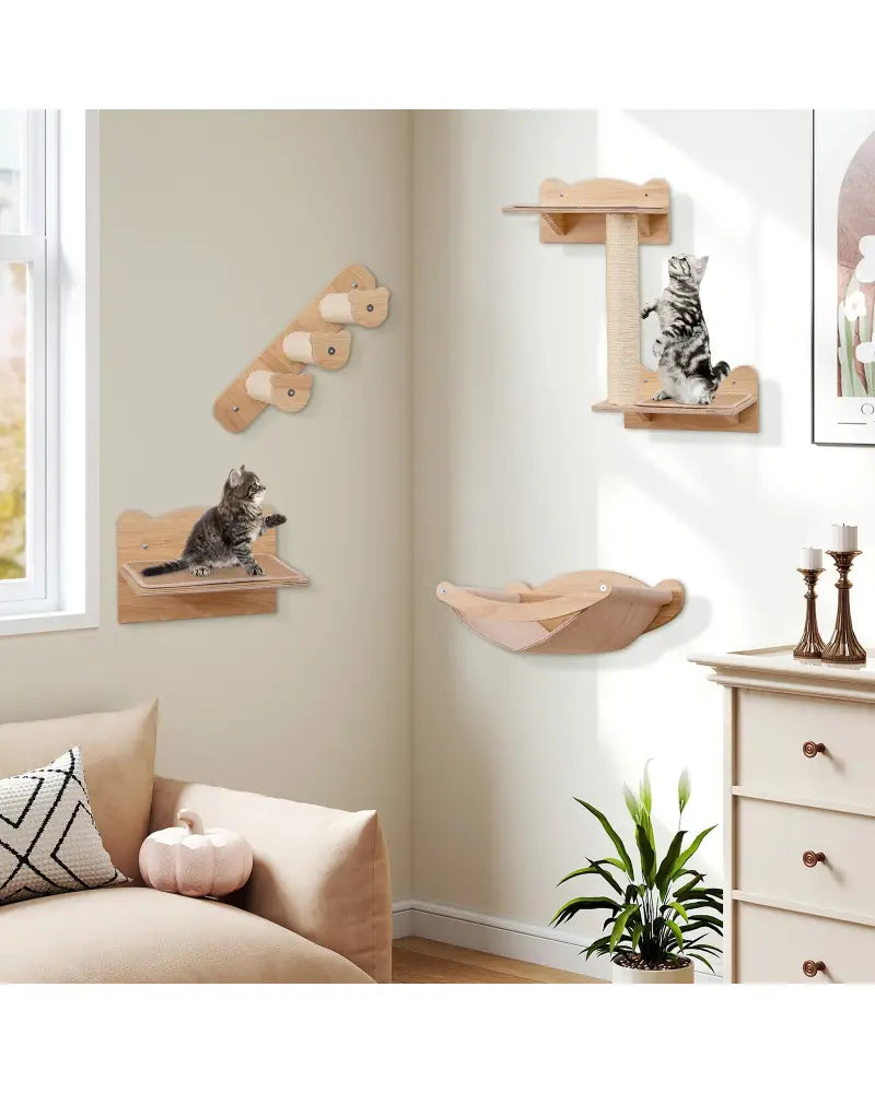 Cat Wall Furniture Set of 4 with Hammock 2-step Cat Tree and Perch-Natural - Natural - Cat Trees Condos & Scratchers