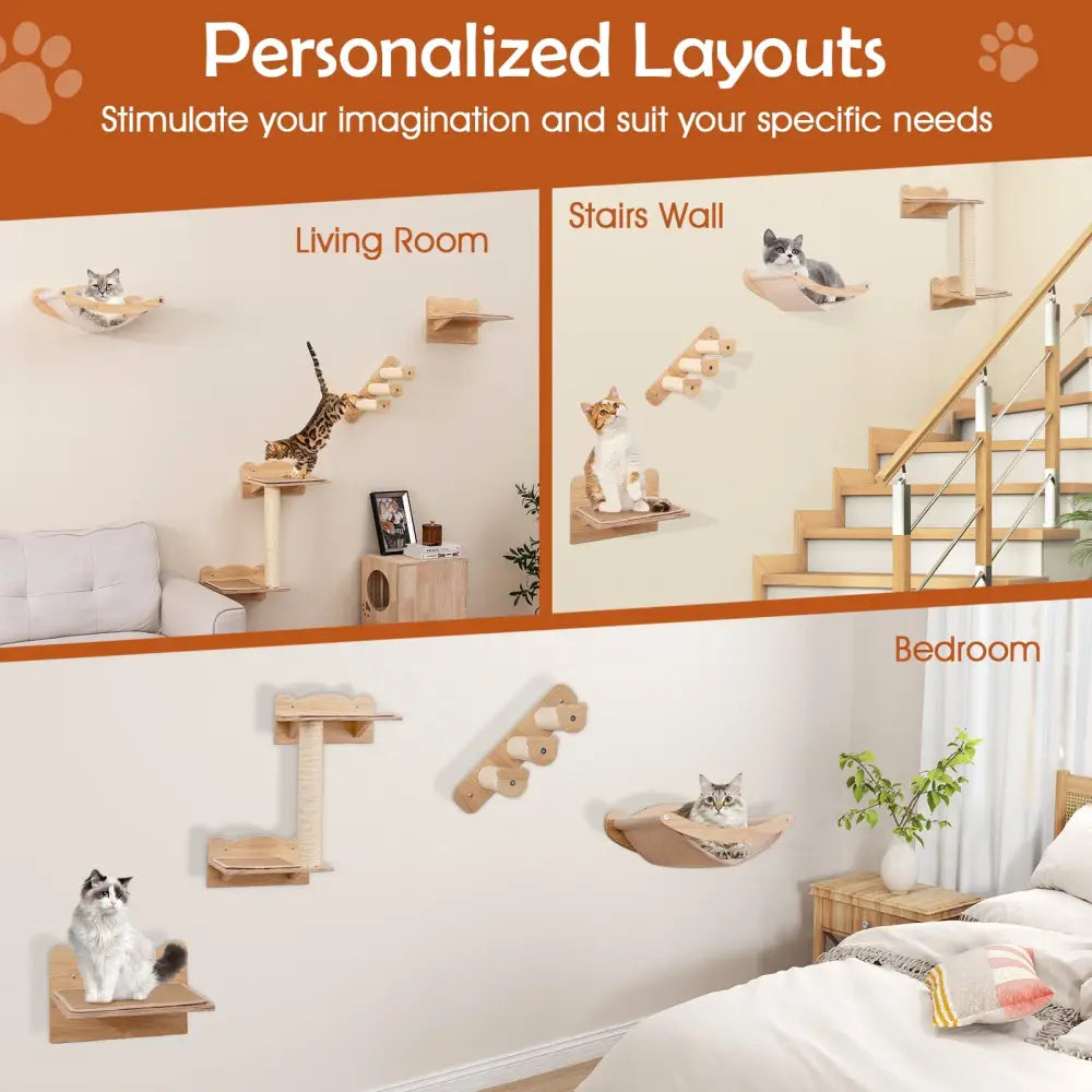 Cat Wall Furniture Set of 4 with Hammock 2-step Cat Tree and Perch-Natural - Natural - Cat Trees Condos & Scratchers