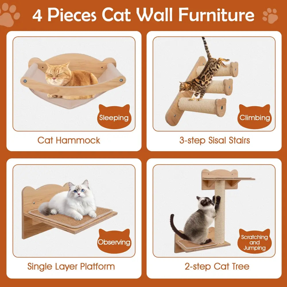 Cat Wall Furniture Set of 4 with Hammock 2-step Cat Tree and Perch-Natural - Natural - Cat Trees Condos & Scratchers