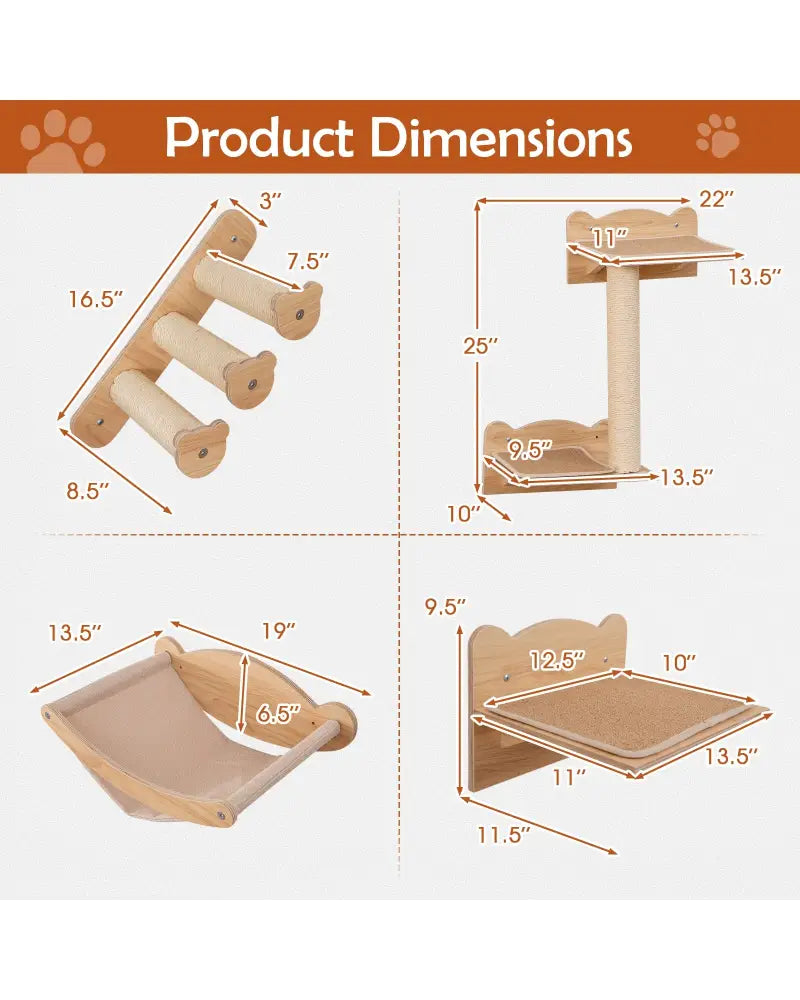 Cat Wall Furniture Set of 4 with Hammock 2-step Cat Tree and Perch-Natural - Natural - Cat Trees Condos & Scratchers