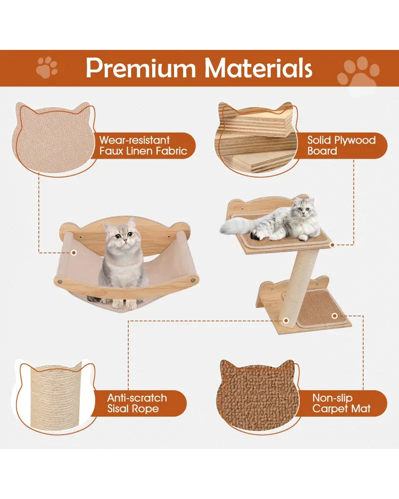Cat Wall Furniture Set of 4 with Hammock 2-step Cat Tree and Perch-Natural - Natural - Cat Trees Condos & Scratchers
