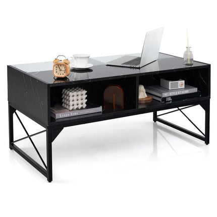 Center Table with Faux Marble and Tempered Glass Top-Black - Black - Coffee Tables