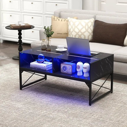 Center Table with Faux Marble and Tempered Glass Top-Black - Black - Coffee Tables