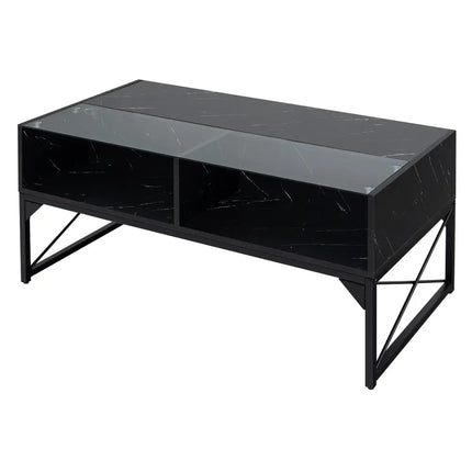 Center Table with Faux Marble and Tempered Glass Top-Black - Black - Coffee Tables