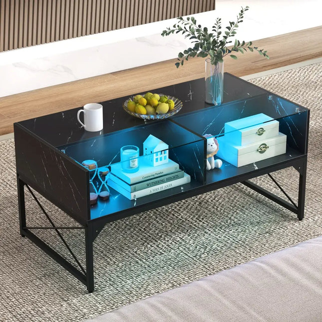 Center Table with Faux Marble and Tempered Glass Top-Black - Black - Coffee Tables