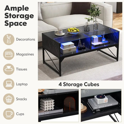 Center Table with Faux Marble and Tempered Glass Top-Black - Black - Coffee Tables