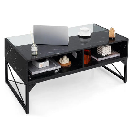 Center Table with Faux Marble and Tempered Glass Top-Black - Black - Coffee Tables