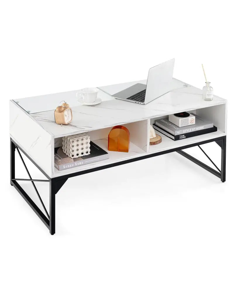 Center Table with Faux Marble and Tempered Glass Top-White - White - Coffee Tables