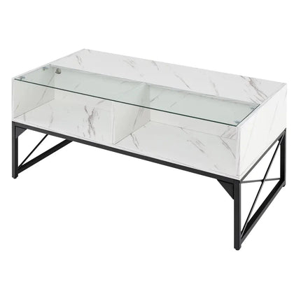 Center Table with Faux Marble and Tempered Glass Top-White - White - Coffee Tables