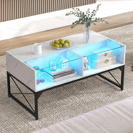 Center Table with Faux Marble and Tempered Glass Top-White - White - Coffee Tables