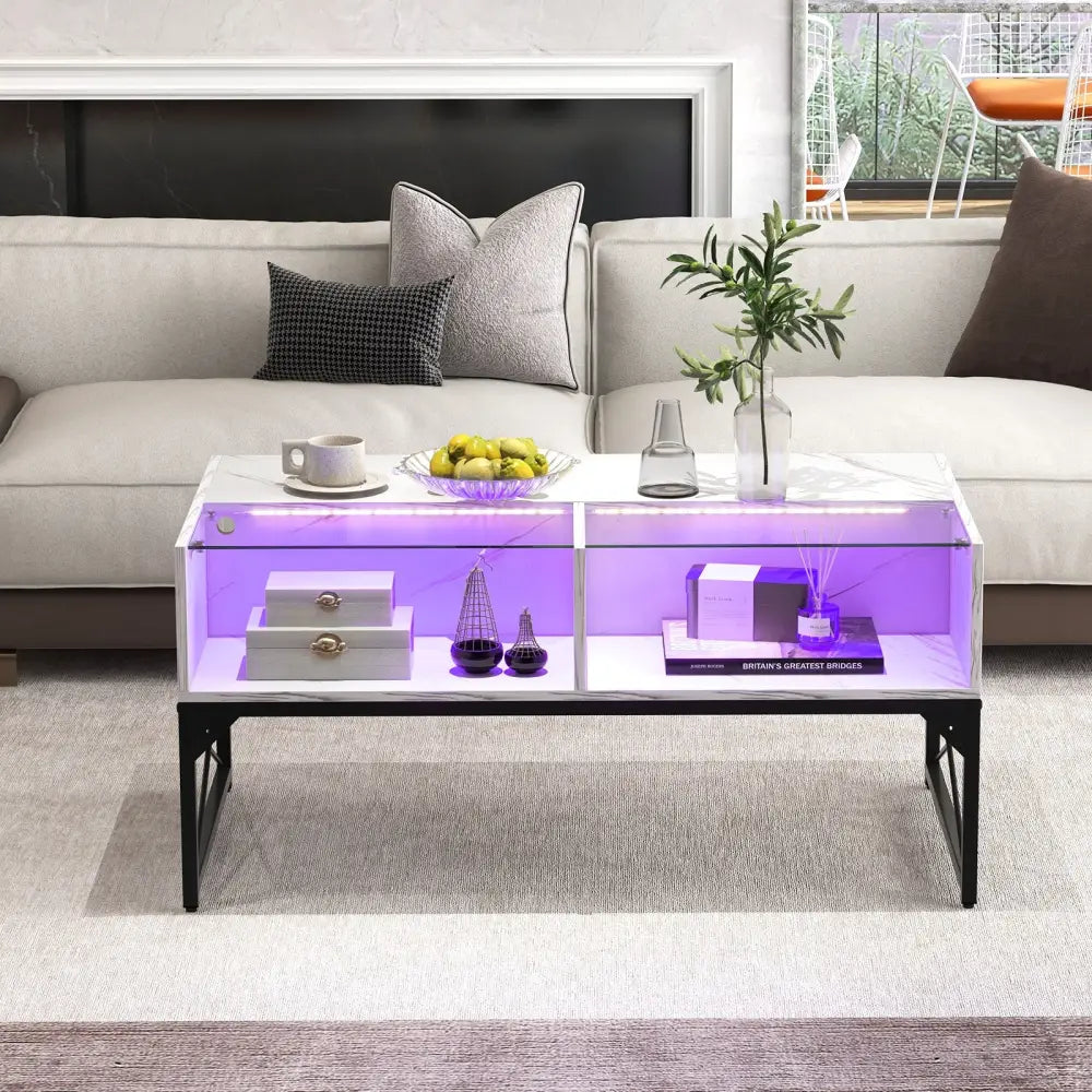 Center Table with Faux Marble and Tempered Glass Top-White - White - Coffee Tables