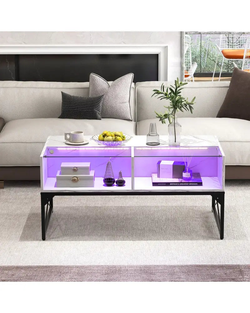 Center Table with Faux Marble and Tempered Glass Top-White - White - Coffee Tables