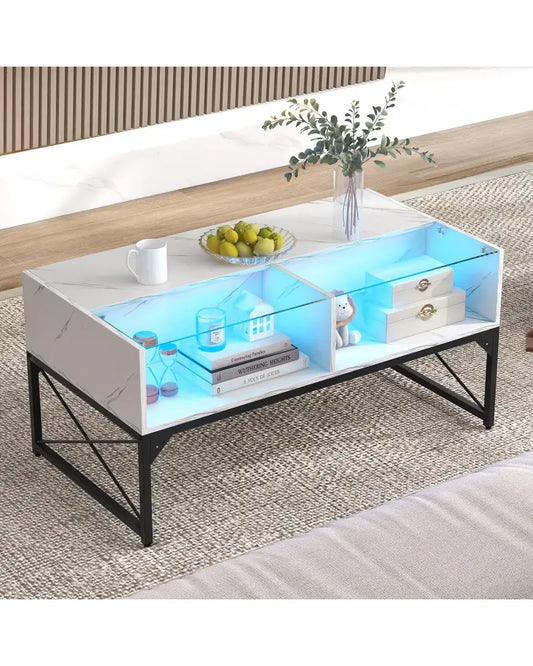 Center Table with Faux Marble and Tempered Glass Top-White - White - Coffee Tables