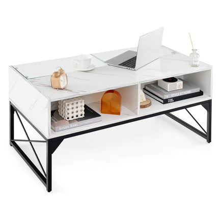 Center Table with Faux Marble and Tempered Glass Top-White - White - Coffee Tables