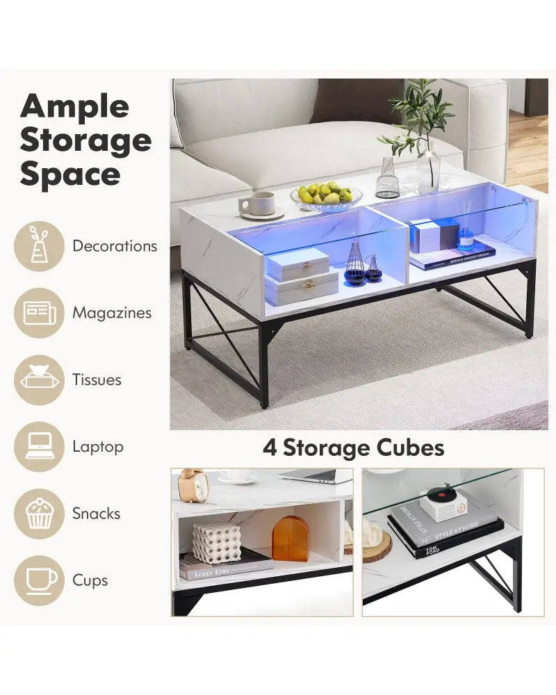 Center Table with Faux Marble and Tempered Glass Top-White - White - Coffee Tables