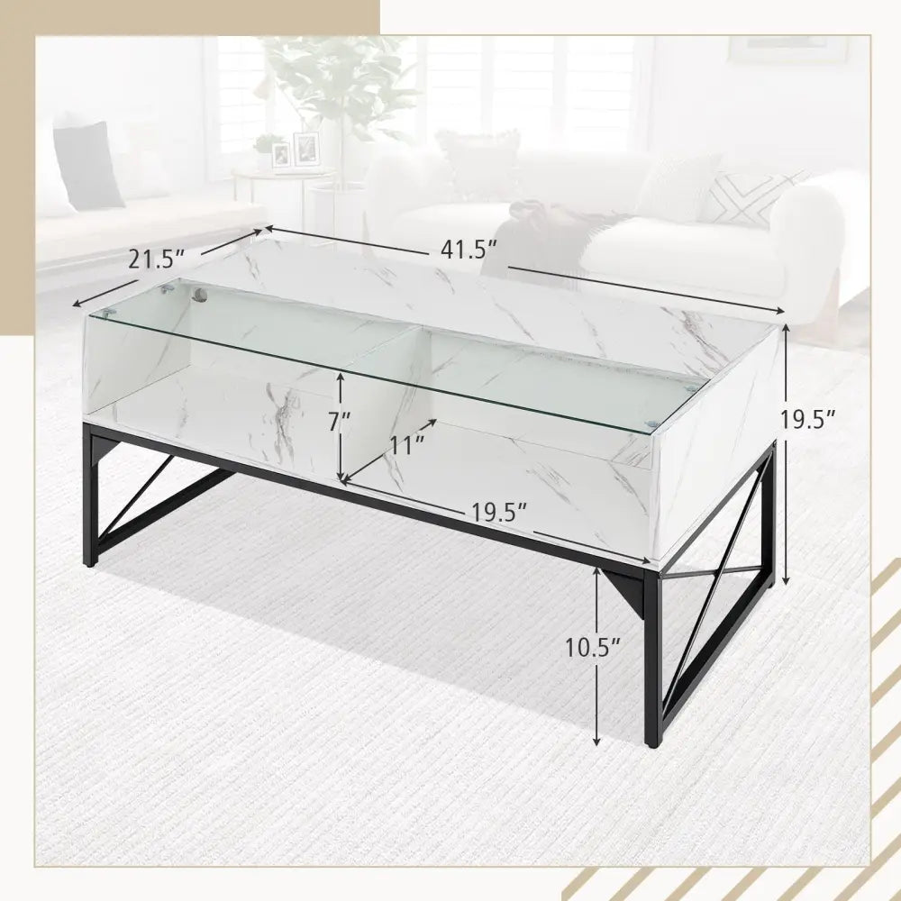 Center Table with Faux Marble and Tempered Glass Top-White - White - Coffee Tables