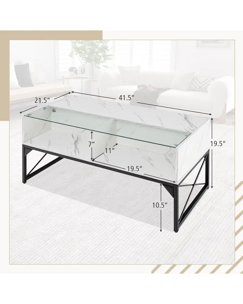 Center Table with Faux Marble and Tempered Glass Top-White - White - Coffee Tables