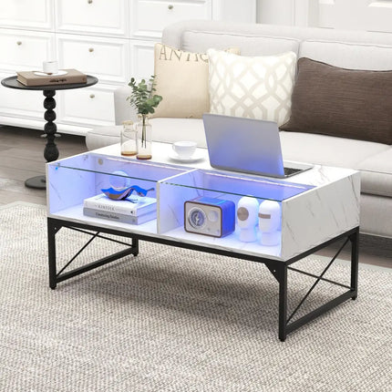 Center Table with Faux Marble and Tempered Glass Top-White - White - Coffee Tables