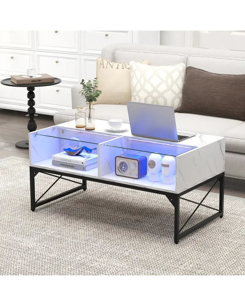 Center Table with Faux Marble and Tempered Glass Top-White - White - Coffee Tables