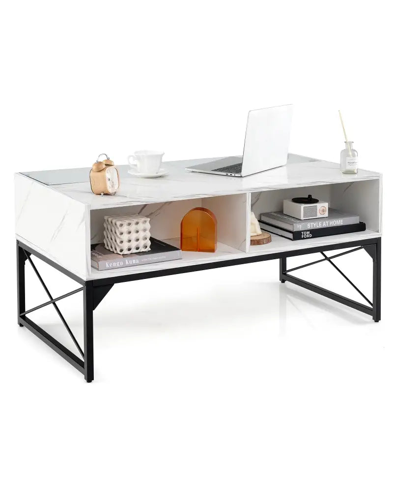Center Table with Faux Marble and Tempered Glass Top-White - White - Coffee Tables