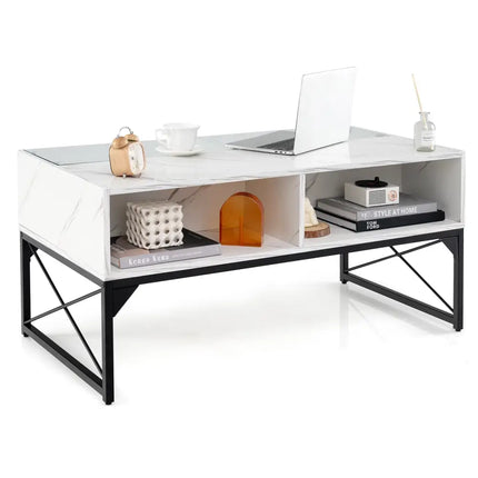 Center Table with Faux Marble and Tempered Glass Top-White - White - Coffee Tables