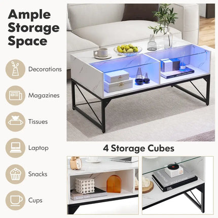 Center Table with Faux Marble and Tempered Glass Top-White - White - Coffee Tables