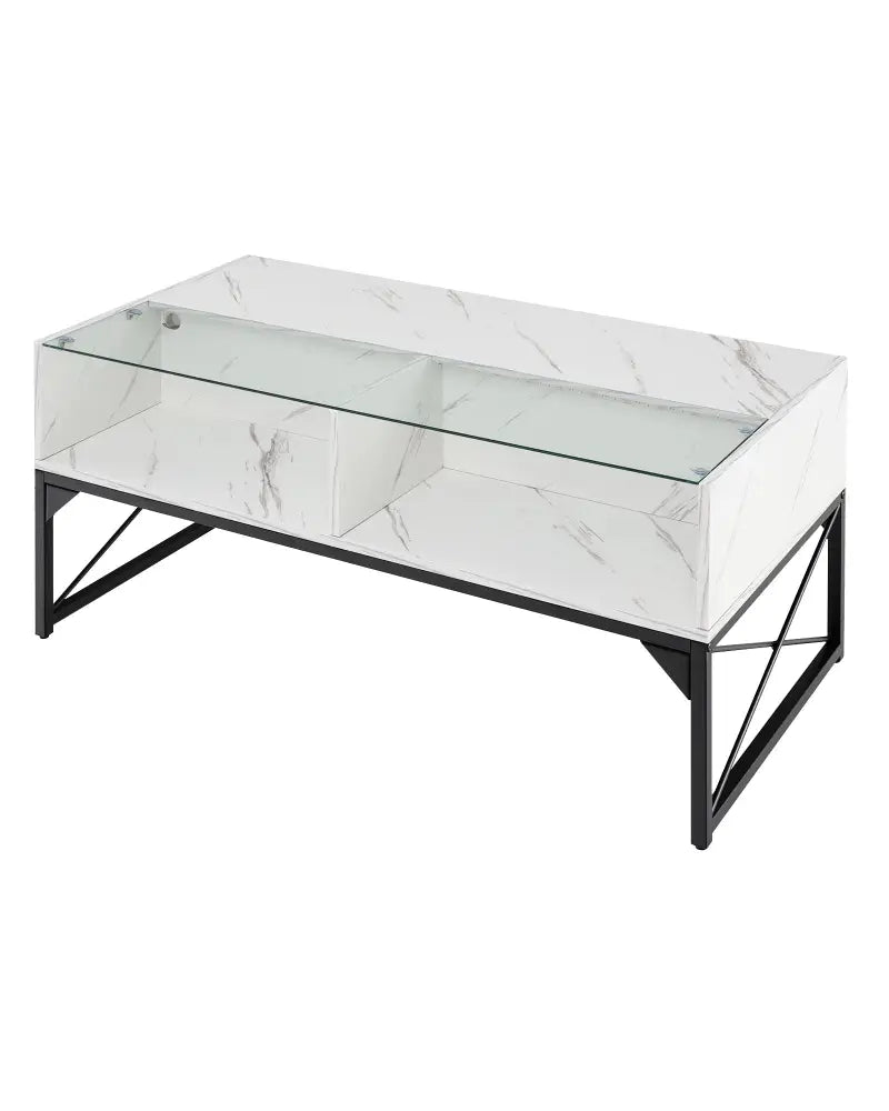 Center Table with Faux Marble and Tempered Glass Top-White - White - Coffee Tables