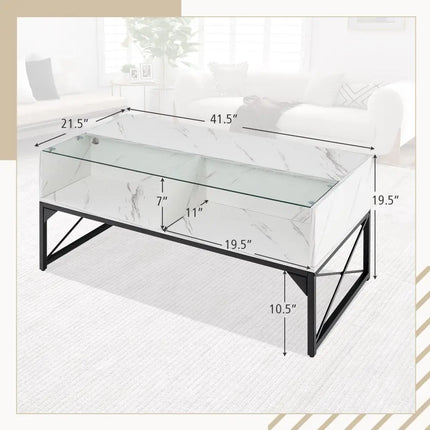 Center Table with Faux Marble and Tempered Glass Top-White - White - Coffee Tables