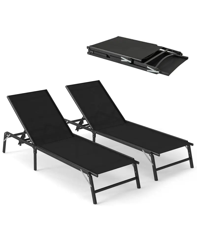 Chaise Lounge Chair Set of 2 Foldable Patio Lounge Chairs-Black - Black - Outdoor Chaise Lounges