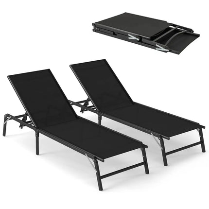 Chaise Lounge Chair Set of 2 Foldable Patio Lounge Chairs-Black - Black - Outdoor Chaise Lounges