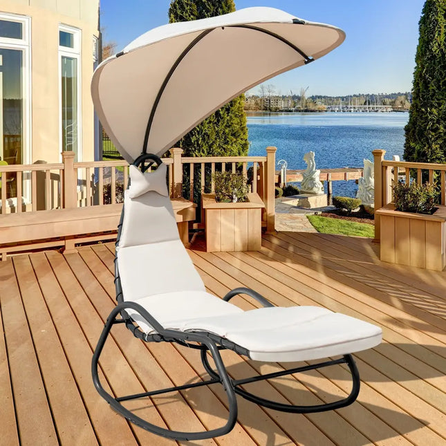 Chaise Lounge Swing with Wide Canopy Sun Shade and Soft Cushion-Beige - Beige - Outdoor Chaise Lounges