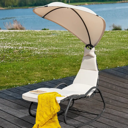 Chaise Lounge Swing with Wide Canopy Sun Shade and Soft Cushion-Beige - Beige - Outdoor Chaise Lounges