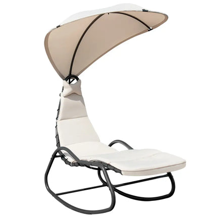 Chaise Lounge Swing with Wide Canopy Sun Shade and Soft Cushion-Beige - Beige - Outdoor Chaise Lounges