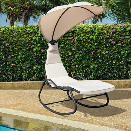 Chaise Lounge Swing with Wide Canopy Sun Shade and Soft Cushion-Beige - Beige - Outdoor Chaise Lounges