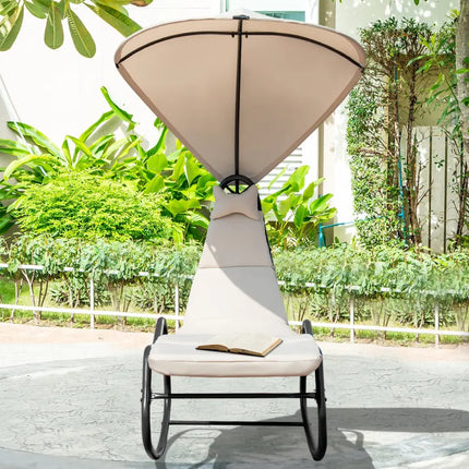 Chaise Lounge Swing with Wide Canopy Sun Shade and Soft Cushion-Beige - Beige - Outdoor Chaise Lounges