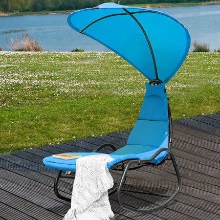 Chaise Lounge Swing with Wide Canopy Sun Shade and Soft Cushion-Blue - Blue - Outdoor Chaise Lounges