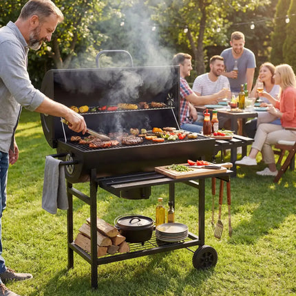 Charcoal BBQ Grill Outdoor Smoker Grill Combo with Thermometer-Black - Black - Outdoor Grills