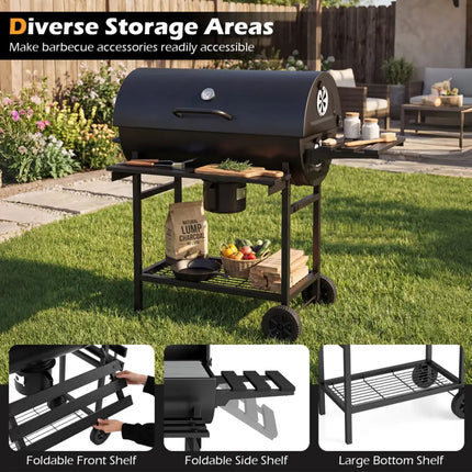 Charcoal BBQ Grill Outdoor Smoker Grill Combo with Thermometer-Black - Black - Outdoor Grills