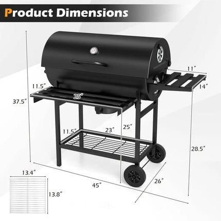Charcoal BBQ Grill Outdoor Smoker Grill Combo with Thermometer-Black - Black - Outdoor Grills
