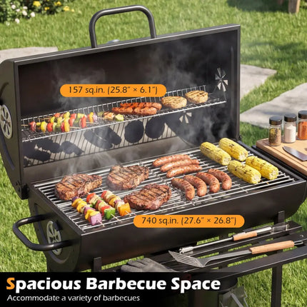 Charcoal BBQ Grill Outdoor Smoker Grill Combo with Thermometer-Black - Black - Outdoor Grills