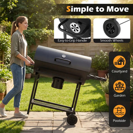 Charcoal BBQ Grill Outdoor Smoker Grill Combo with Thermometer-Black - Black - Outdoor Grills