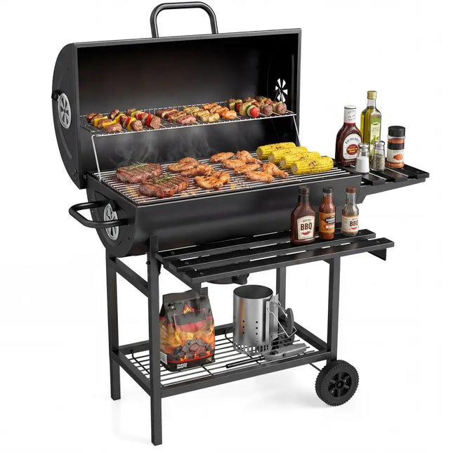 Charcoal BBQ Grill Outdoor Smoker Grill Combo with Thermometer-Black - Black - Outdoor Grills
