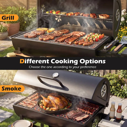 Charcoal BBQ Grill Outdoor Smoker Grill Combo with Thermometer-Black - Black - Outdoor Grills