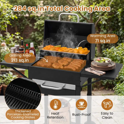 Charcoal Grill with 2 Side Tables & Adjustable Chimney 284 sq.in - Outdoor Grills