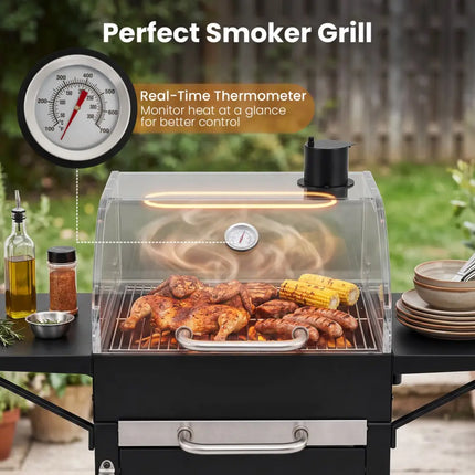 Charcoal Grill with 2 Side Tables & Adjustable Chimney 284 sq.in - Outdoor Grills