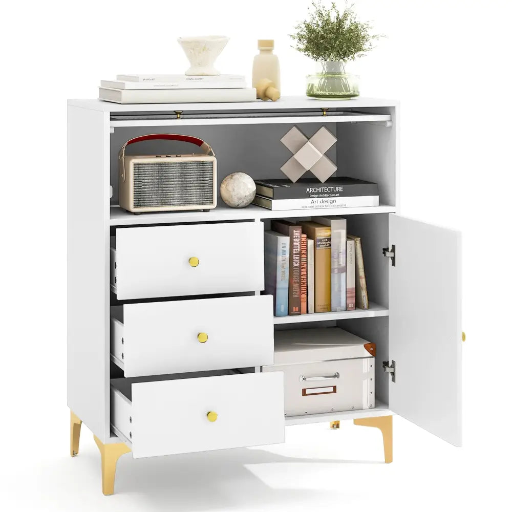 Chest of Drawers with Flip Up Fluted Glass Door for Bedroom Kitchen-Gray - Gray - Cabinets & Chests