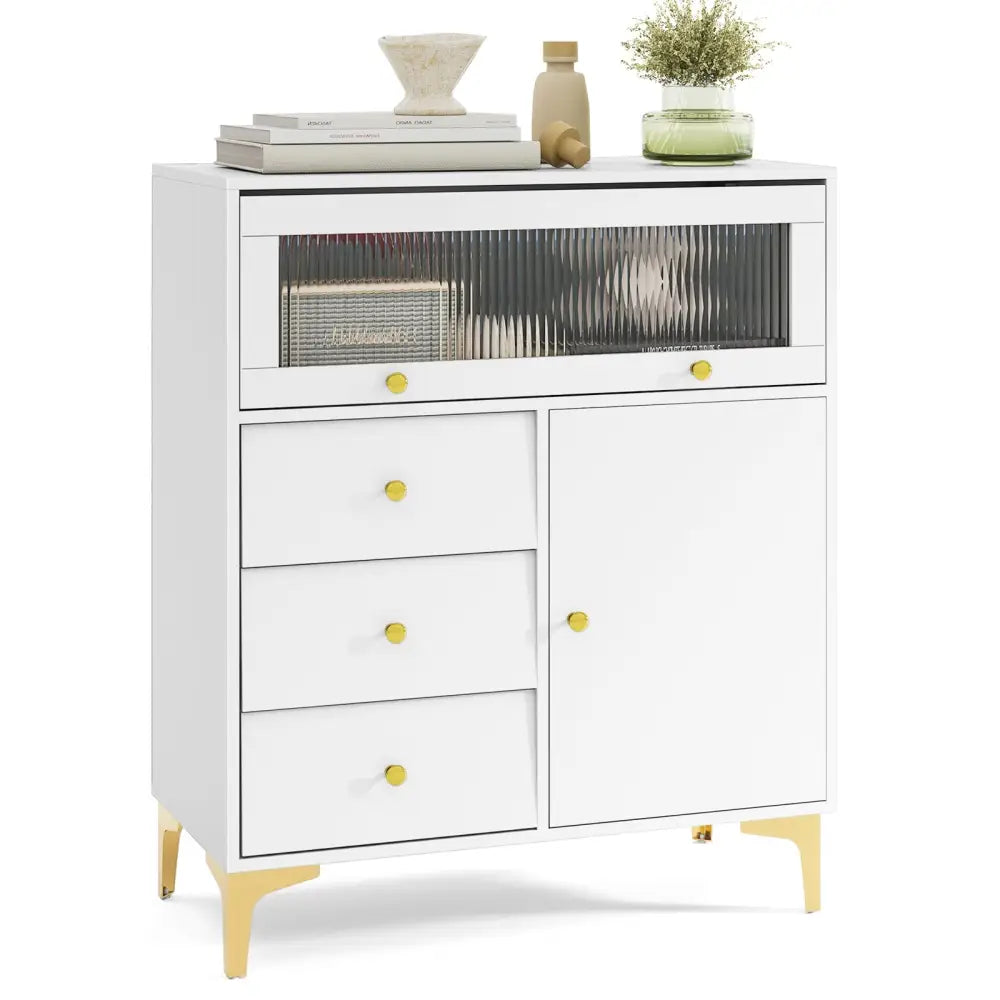 Chest of Drawers with Flip Up Fluted Glass Door for Bedroom Kitchen-Gray - Gray - Cabinets & Chests