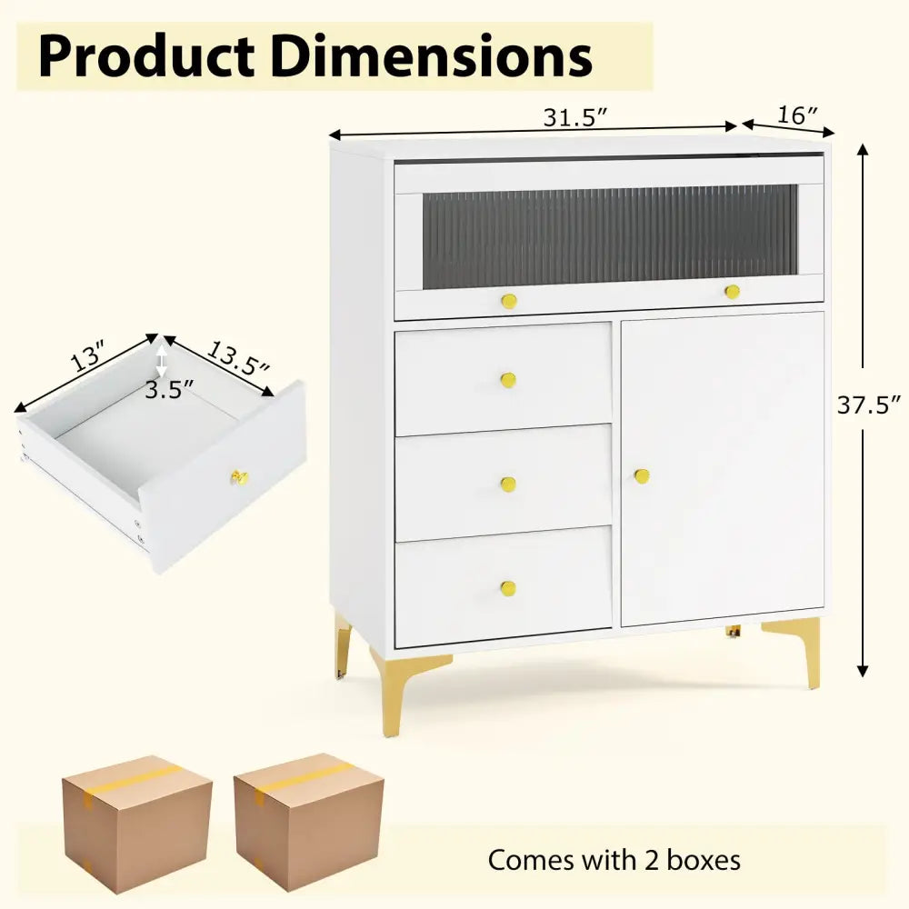 Chest of Drawers with Flip Up Fluted Glass Door for Bedroom Kitchen-Gray - Gray - Cabinets & Chests