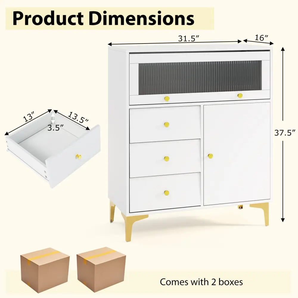 Chest of Drawers with Flip Up Fluted Glass Door for Bedroom Kitchen-Gray - Gray - Cabinets & Chests